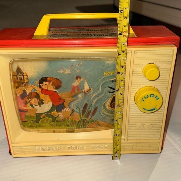 Antique Fisher Price Red Yellow Vintage 1966 Scrolling Picture TV Music Box 10"x - Picture 10 of 10